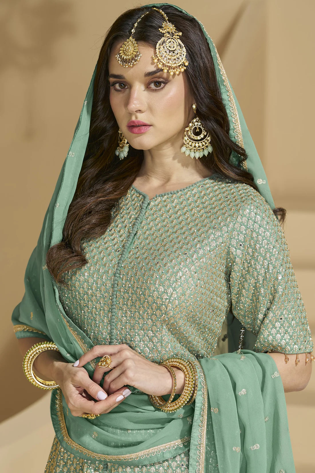 Pastel green georgette top & skirt wedding set